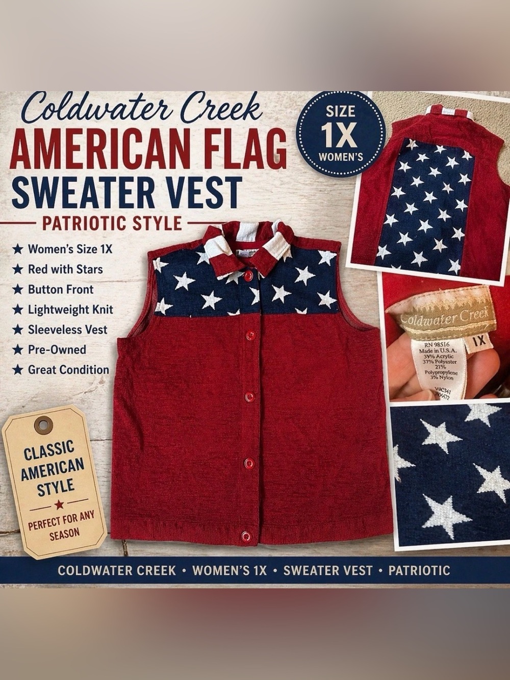 Coldwater Creek Vintage Patriotic American Flag Sweater Vest 1X Rare USA Mint